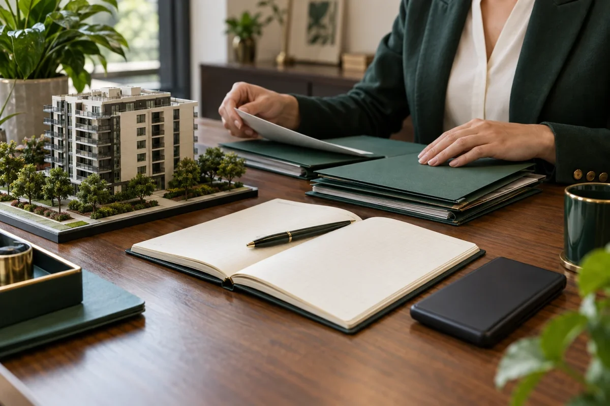 Mãos organizam pastas de documentos ao lado de um caderno e de uma maquete de prédio residencial.